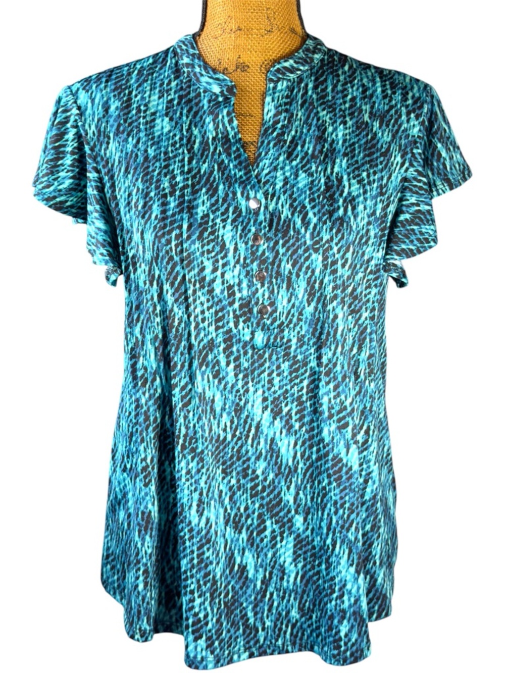 Ava & Grace teal and black patterned flutter sleeve blouse NWT Women’s MD | ah